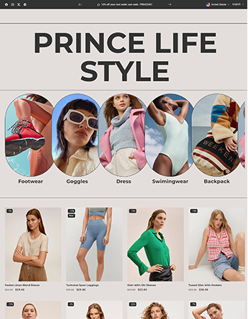 时尚、优雅的各类风格服饰，涵盖连衣裙、上衣、泳装、鞋类、眼镜等。