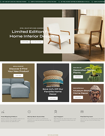 家居内饰产品，如沙发、椅子、灯具、装饰摆件、园艺植物等。